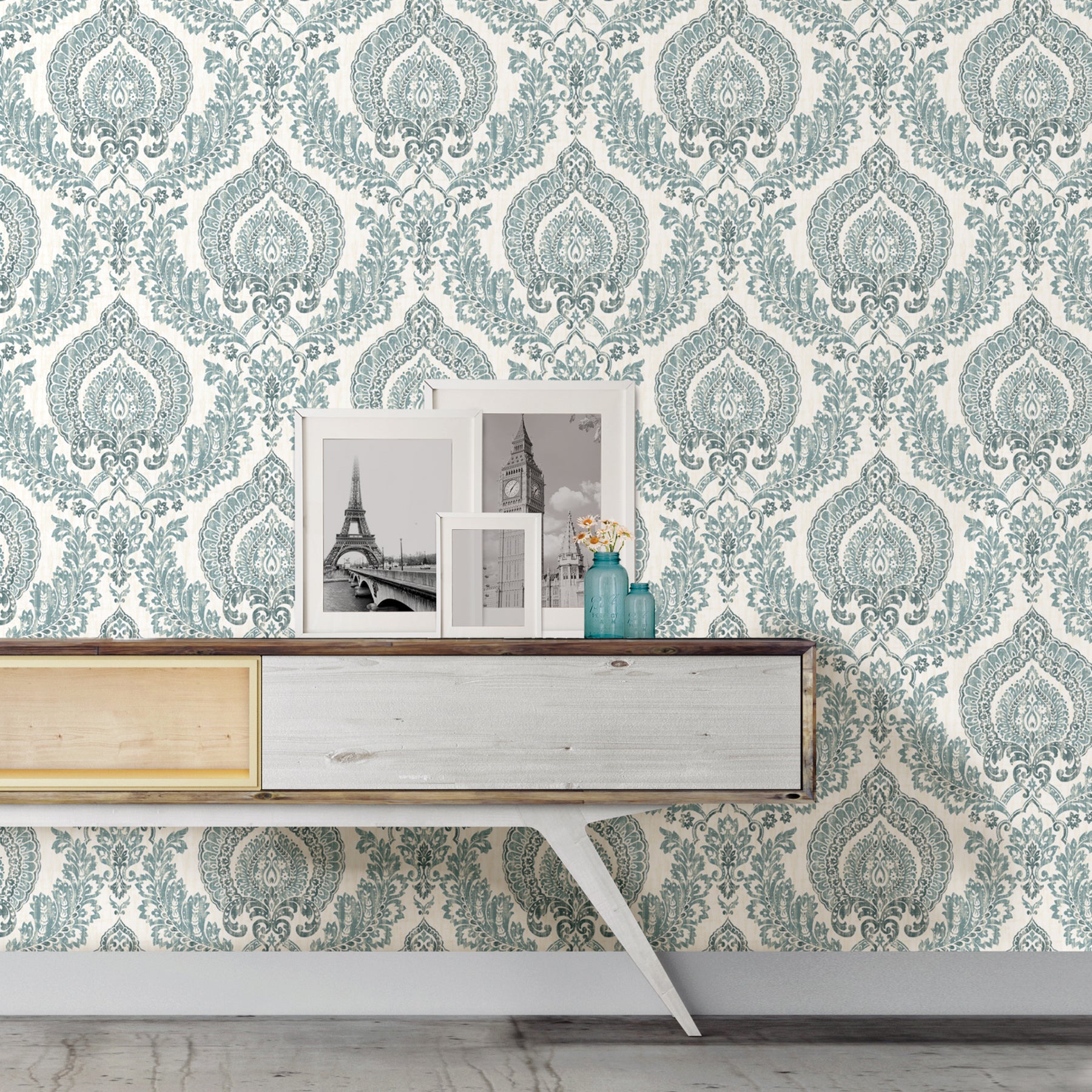 Kensington Damask Peel And Stick Wallpaper in a room setting