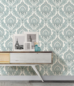 Kensington Damask Peel And Stick Wallpaper in a room setting