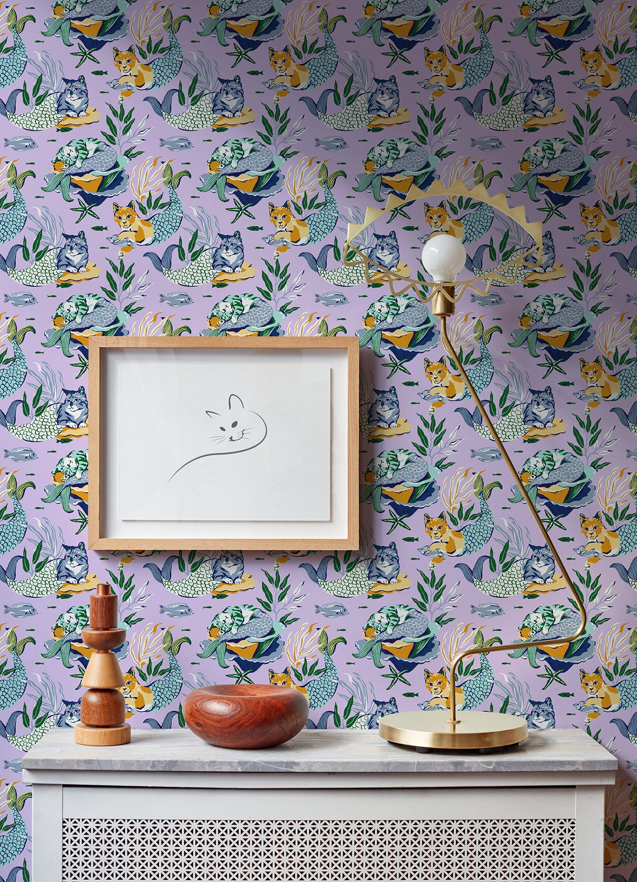 Meowing Mermaids P&S Wallpaper in a room setting