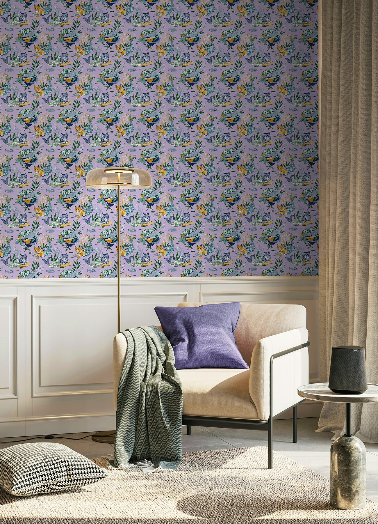 Meowing Mermaids P&S Wallpaper in a room setting