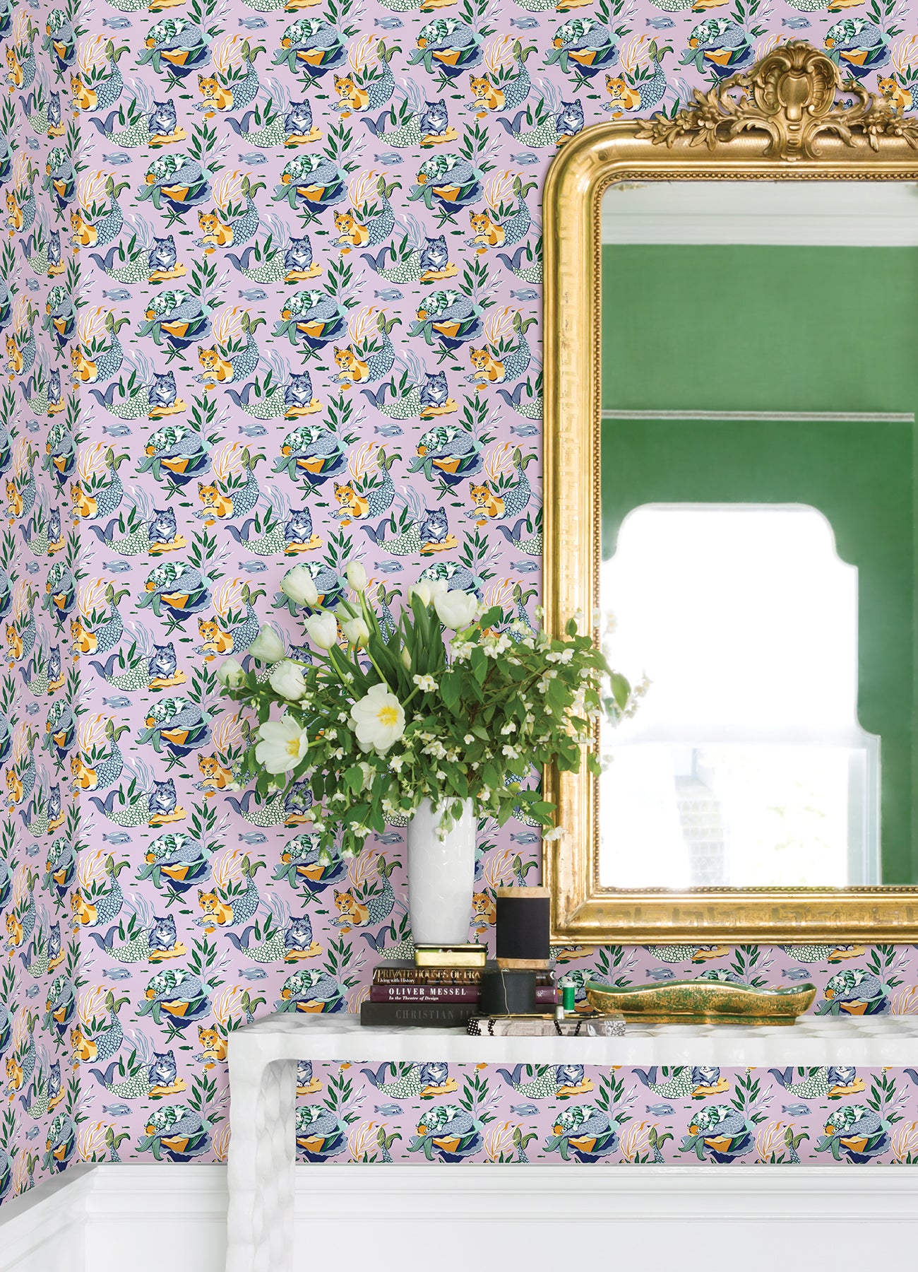 Meowing Mermaids P&S Wallpaper in a room setting