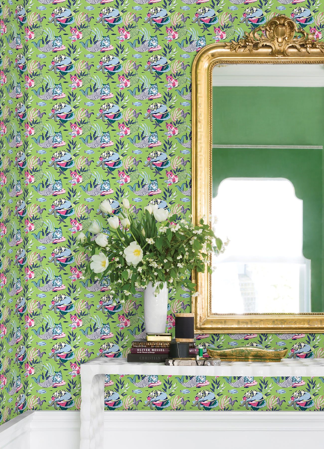 PrintFresh Meowing Mermaids Peel and Stick Wallpaper in a room setting