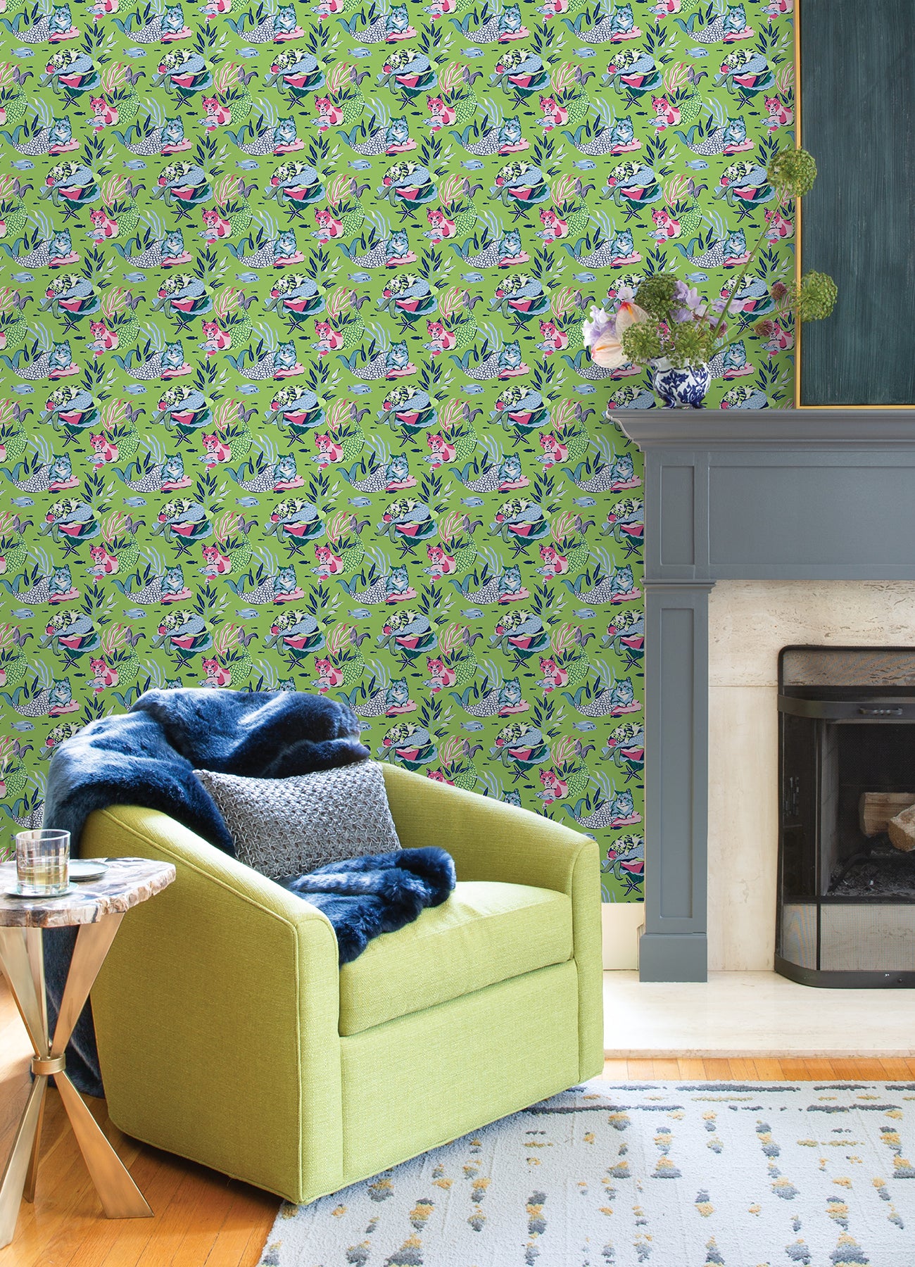 PrintFresh Meowing Mermaids Peel and Stick Wallpaper in a room setting