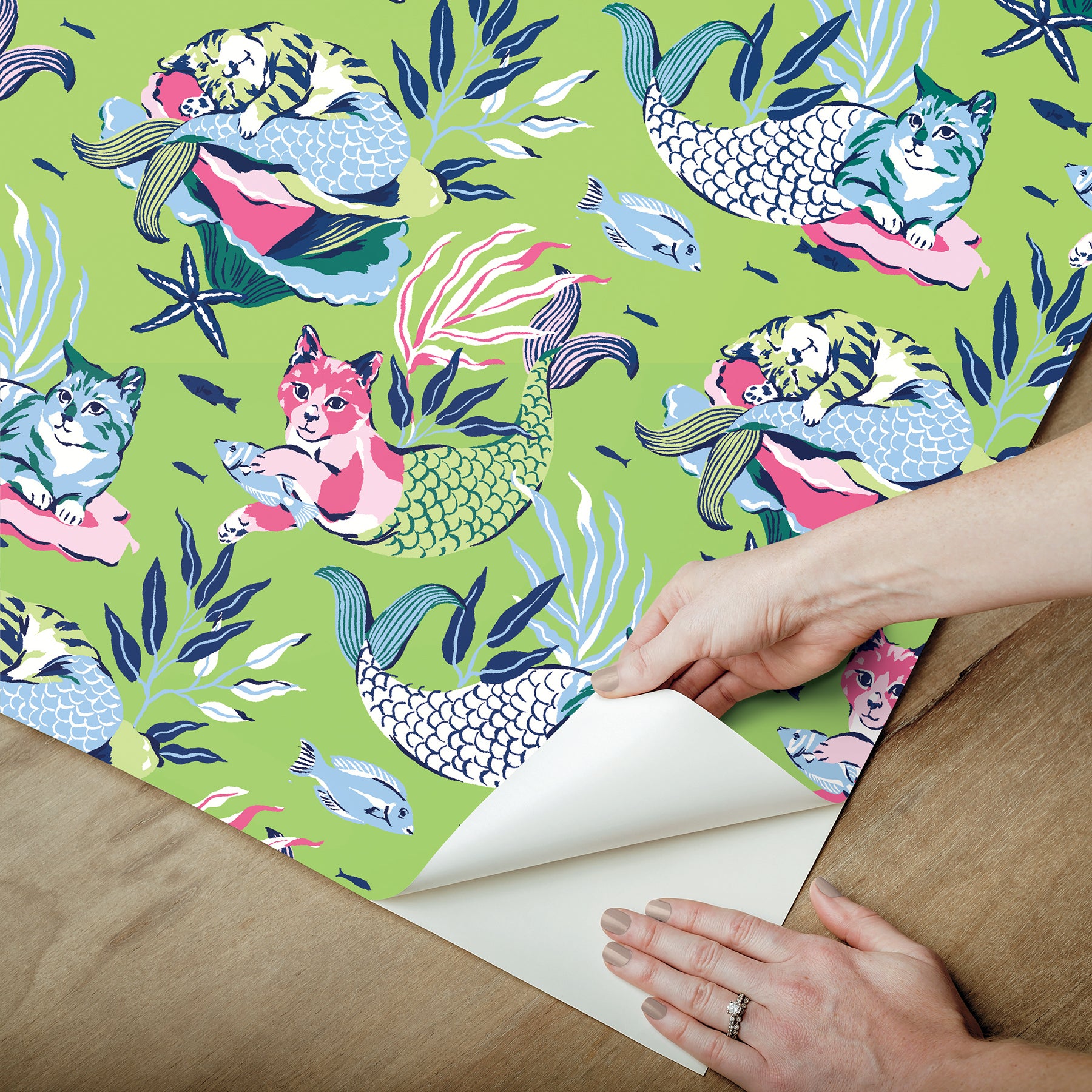 PrintFresh Meowing Mermaids Peel and Stick Wallpaper - how to peel