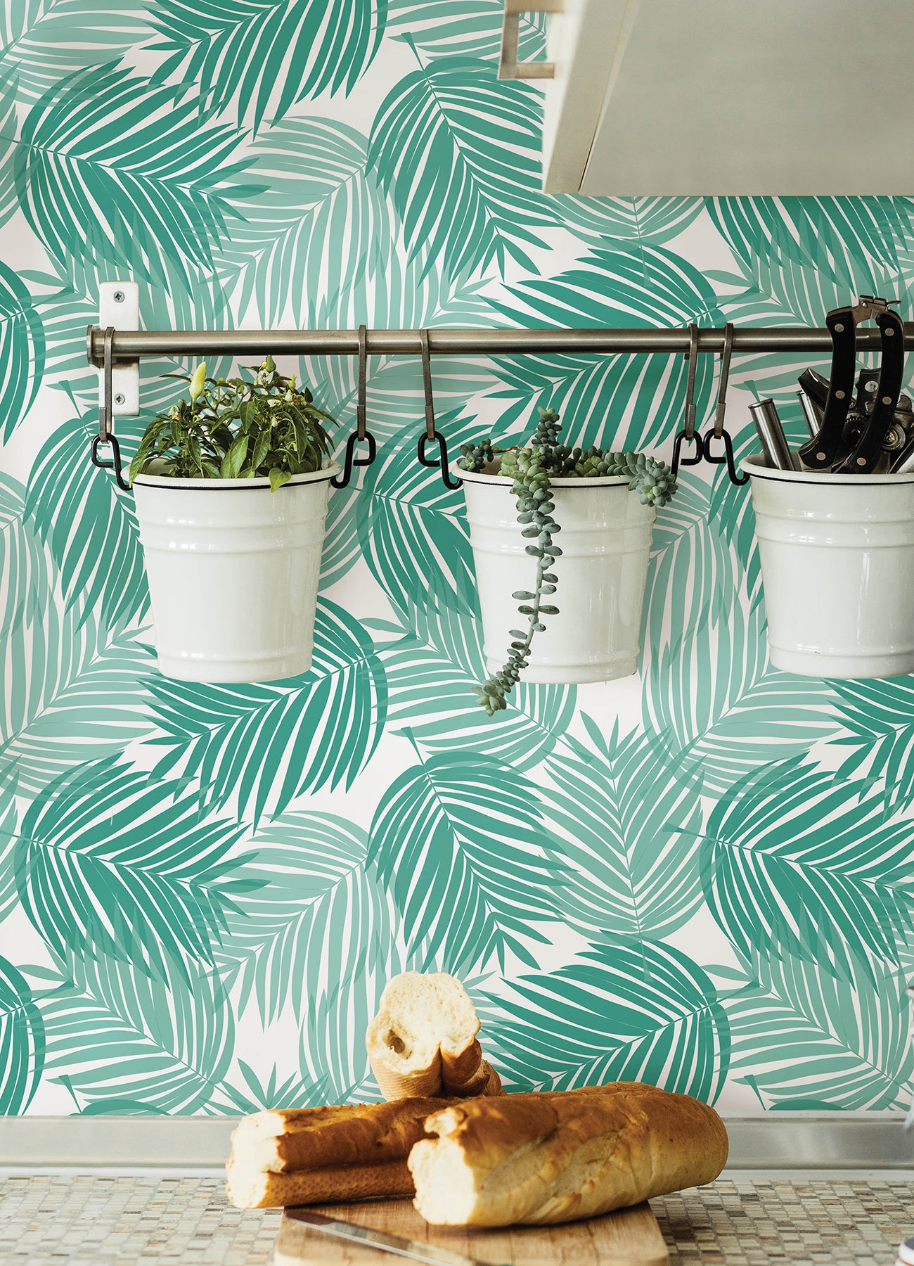 Stay Palm Leaf P&S Wallpaper in a room setting