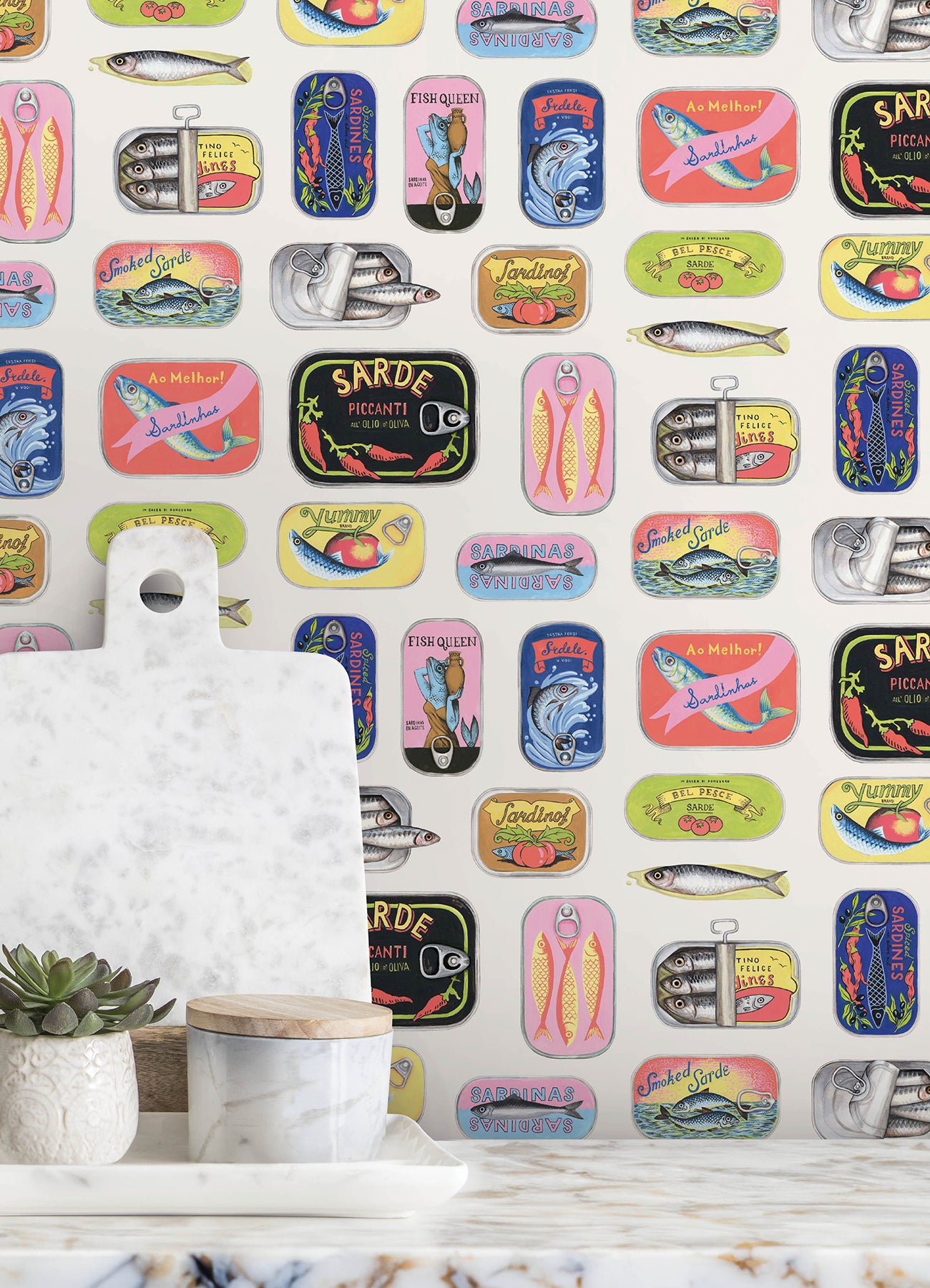 Sardine Tins P&S Wallpaper in a room setting