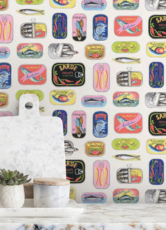 Sardine Tins P&S Wallpaper in a room setting