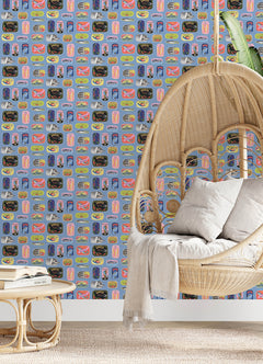 Rachel Antonoff Sardine Tins Peel and Stick Wallpaper in a room setting