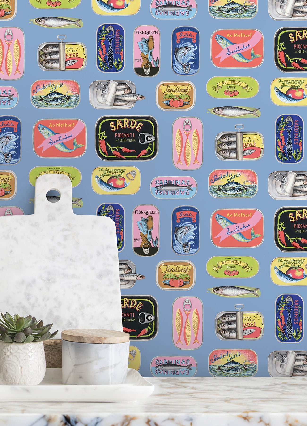 Rachel Antonoff Sardine Tins Peel and Stick Wallpaper in a room setting