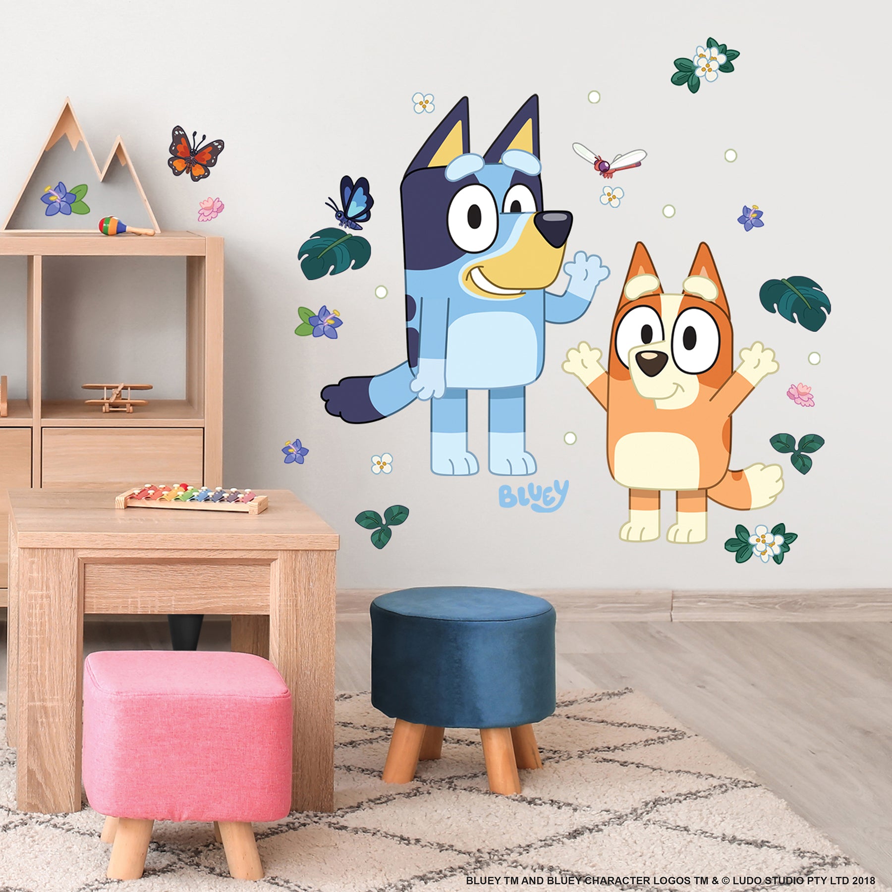 Bluey & Bingo Character Blue Wall Decals in a room setting