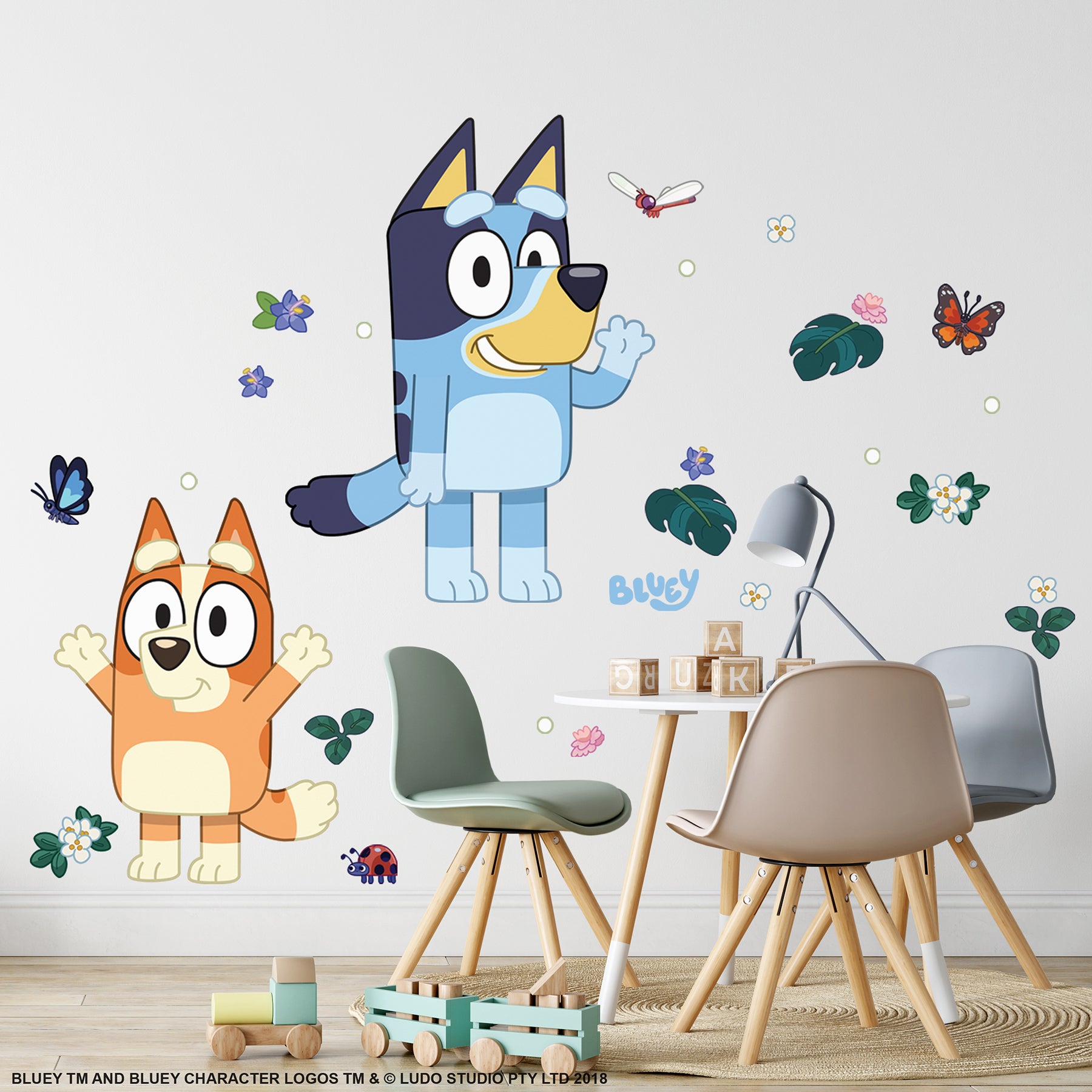Bluey & Bingo Character Blue Wall Decals in a room setting