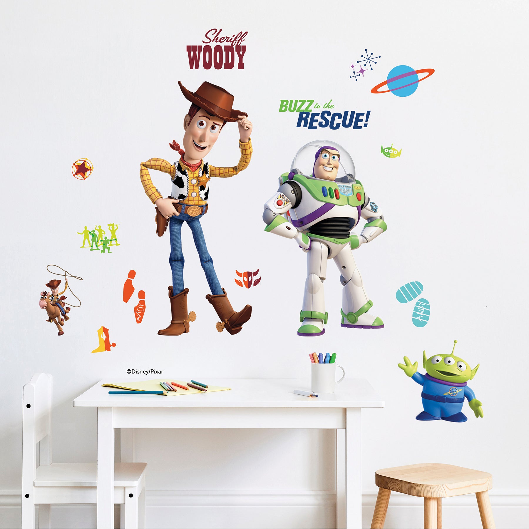 Disney Buzz Lightyear and Woody Wall Decals in a room setting