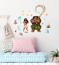 Maui, Moana, a rooster, tiny coconut pirates, and a pig stand in a row on a white background as delightful Disney characters. Maui appears tall and muscular, Moana wears her signature red skirt, the rooster is blue and yellow, and the pig is small and white. With their dimensions illustrated beside them, these WallPops Disney Moana Characters Wall Decals offer a charming rustic look—perfect for decorating your space with easy-to-apply peel and stick wall art.