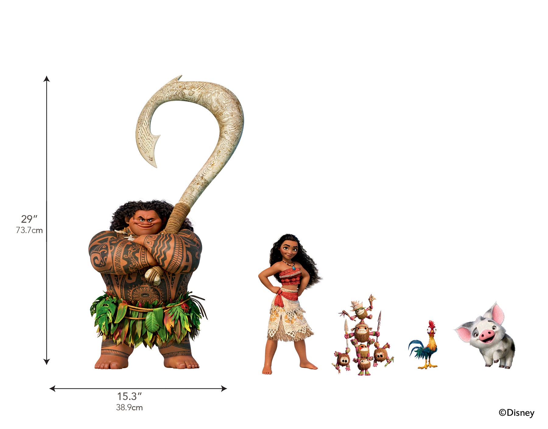 Maui, Moana, a rooster, tiny coconut pirates, and a pig stand in a row on a white background as delightful Disney characters. Maui appears tall and muscular, Moana wears her signature red skirt, the rooster is blue and yellow, and the pig is small and white. With their dimensions illustrated beside them, these WallPops Disney Moana Characters Wall Decals offer a charming rustic look—perfect for decorating your space with easy-to-apply peel and stick wall art.