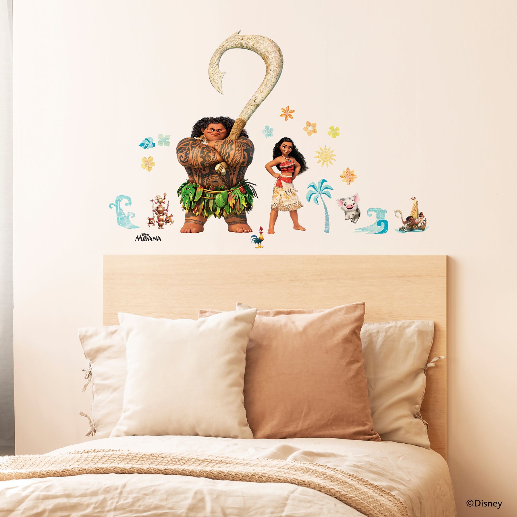 Maui, Moana, a rooster, tiny coconut pirates, and a pig stand in a row on a white background as delightful Disney characters. Maui appears tall and muscular, Moana wears her signature red skirt, the rooster is blue and yellow, and the pig is small and white. With their dimensions illustrated beside them, these WallPops Disney Moana Characters Wall Decals offer a charming rustic look—perfect for decorating your space with easy-to-apply peel and stick wall art.