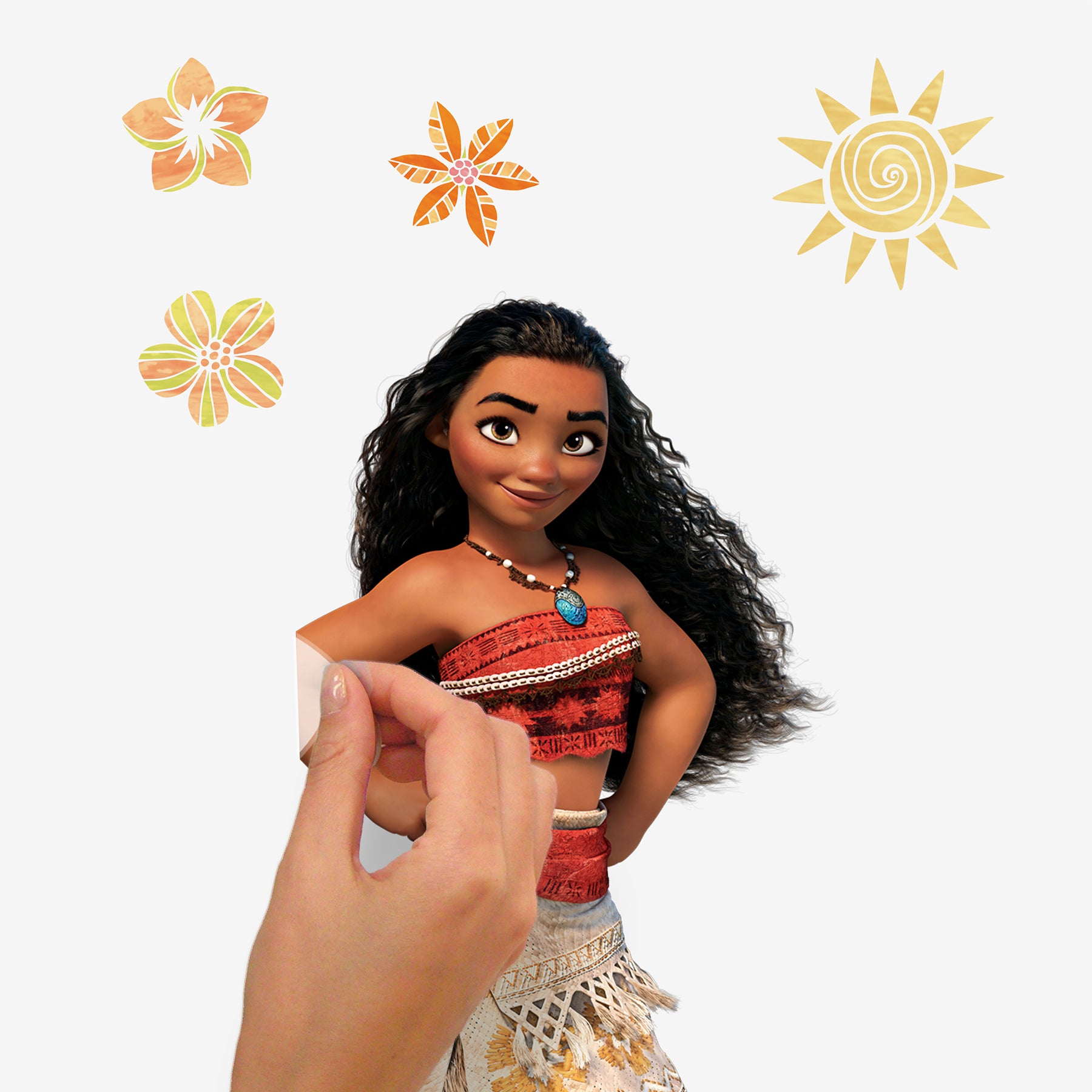 Maui, Moana, a rooster, tiny coconut pirates, and a pig stand in a row on a white background as delightful Disney characters. Maui appears tall and muscular, Moana wears her signature red skirt, the rooster is blue and yellow, and the pig is small and white. With their dimensions illustrated beside them, these WallPops Disney Moana Characters Wall Decals offer a charming rustic look—perfect for decorating your space with easy-to-apply peel and stick wall art.