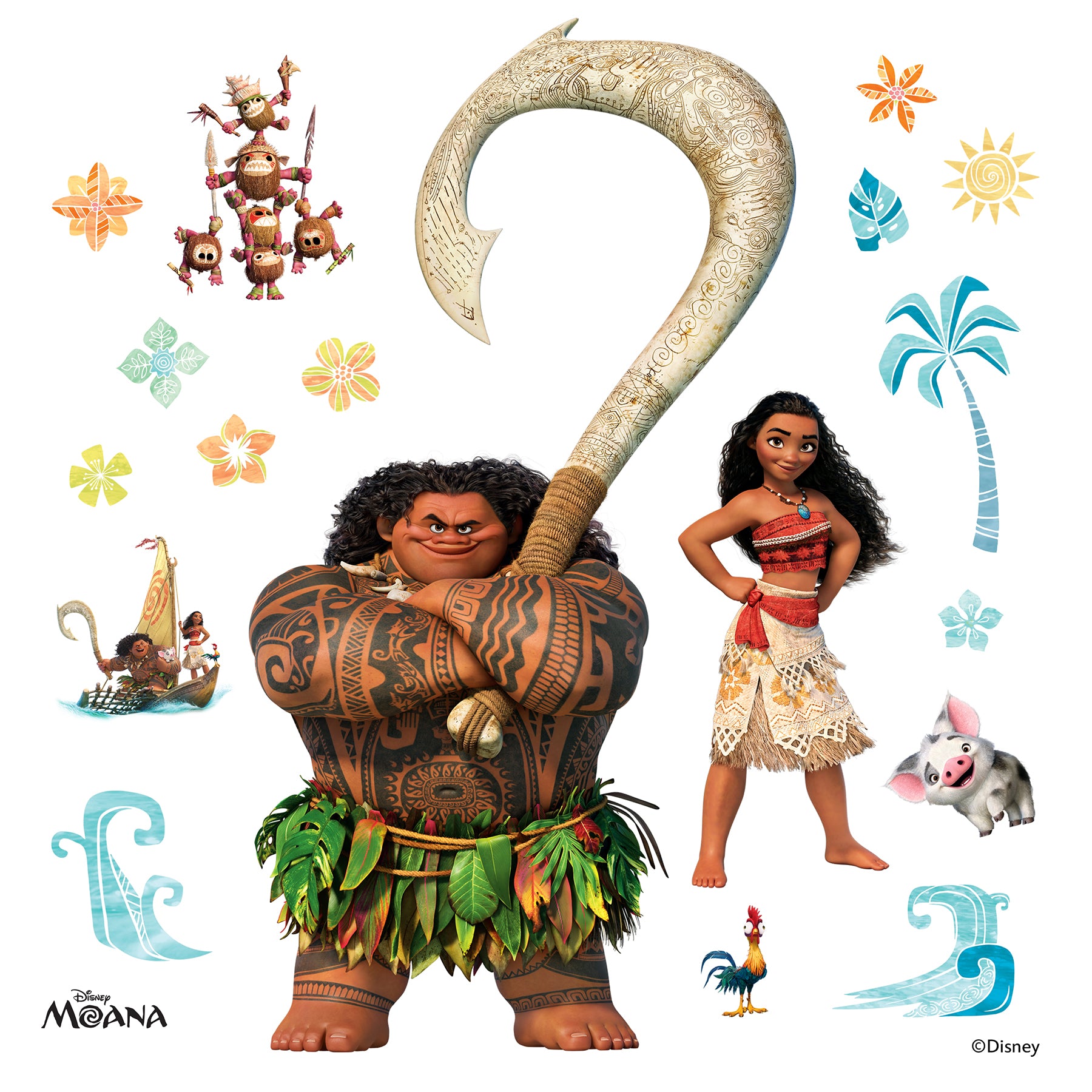 Maui, Moana, a rooster, tiny coconut pirates, and a pig stand in a row on a white background as delightful Disney characters. Maui appears tall and muscular, Moana wears her signature red skirt, the rooster is blue and yellow, and the pig is small and white. With their dimensions illustrated beside them, these WallPops Disney Moana Characters Wall Decals offer a charming rustic look—perfect for decorating your space with easy-to-apply peel and stick wall art.