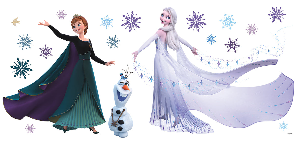 WallPops Frozen 2 Anna, Elsa, and Olaf Purple Wall Decals feature Anna in a black cape and green dress beside Olaf the snowman and Elsa with her shimmering gown among purple and blue snowflakes, a bird, and rustic accents on a white background.
