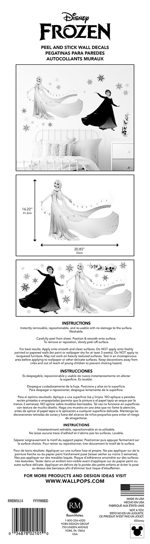 WallPops Frozen 2 Anna, Elsa, and Olaf Purple Wall Decals feature Anna in a black cape and green dress beside Olaf the snowman and Elsa with her shimmering gown among purple and blue snowflakes, a bird, and rustic accents on a white background.