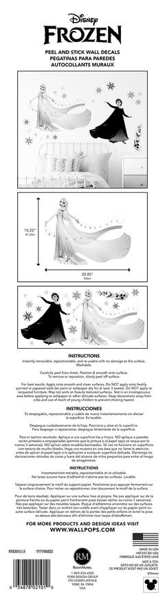 WallPops Frozen 2 Anna, Elsa, and Olaf Purple Wall Decals feature Anna in a black cape and green dress beside Olaf the snowman and Elsa with her shimmering gown among purple and blue snowflakes, a bird, and rustic accents on a white background.