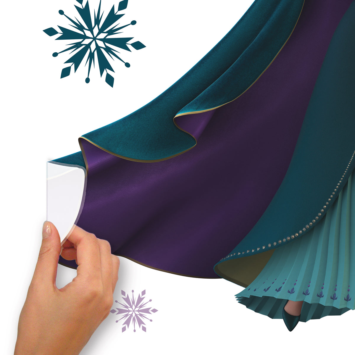 WallPops Frozen 2 Anna, Elsa, and Olaf Purple Wall Decals feature Anna in a black cape and green dress beside Olaf the snowman and Elsa with her shimmering gown among purple and blue snowflakes, a bird, and rustic accents on a white background.