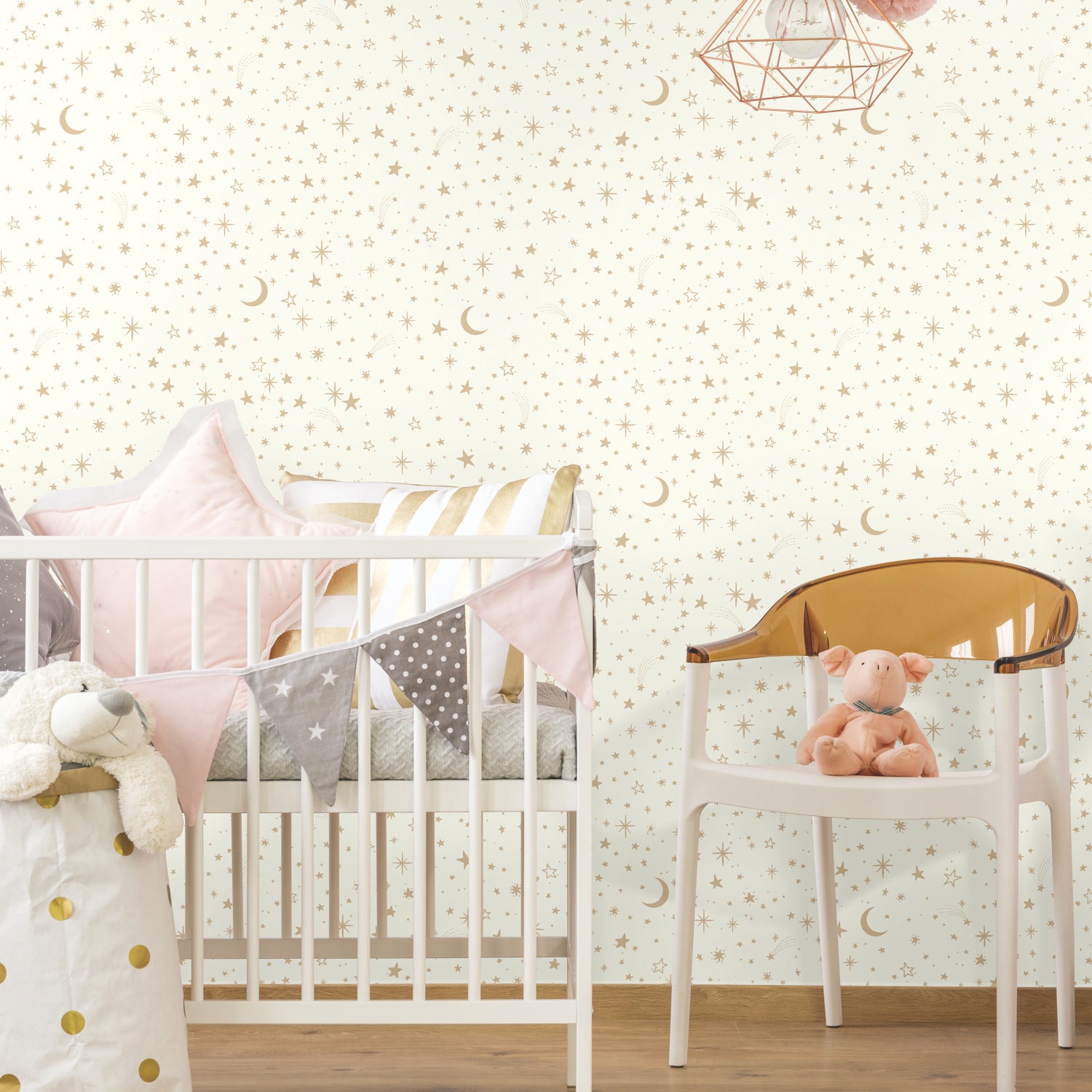 Twinkle Little Star Gold Peel and Stick Wallpaper in a room setting