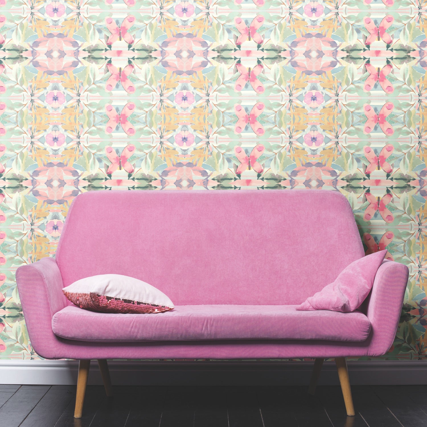 Synchronized Floral Pink Peel and Stick Wallpaper in a room setting