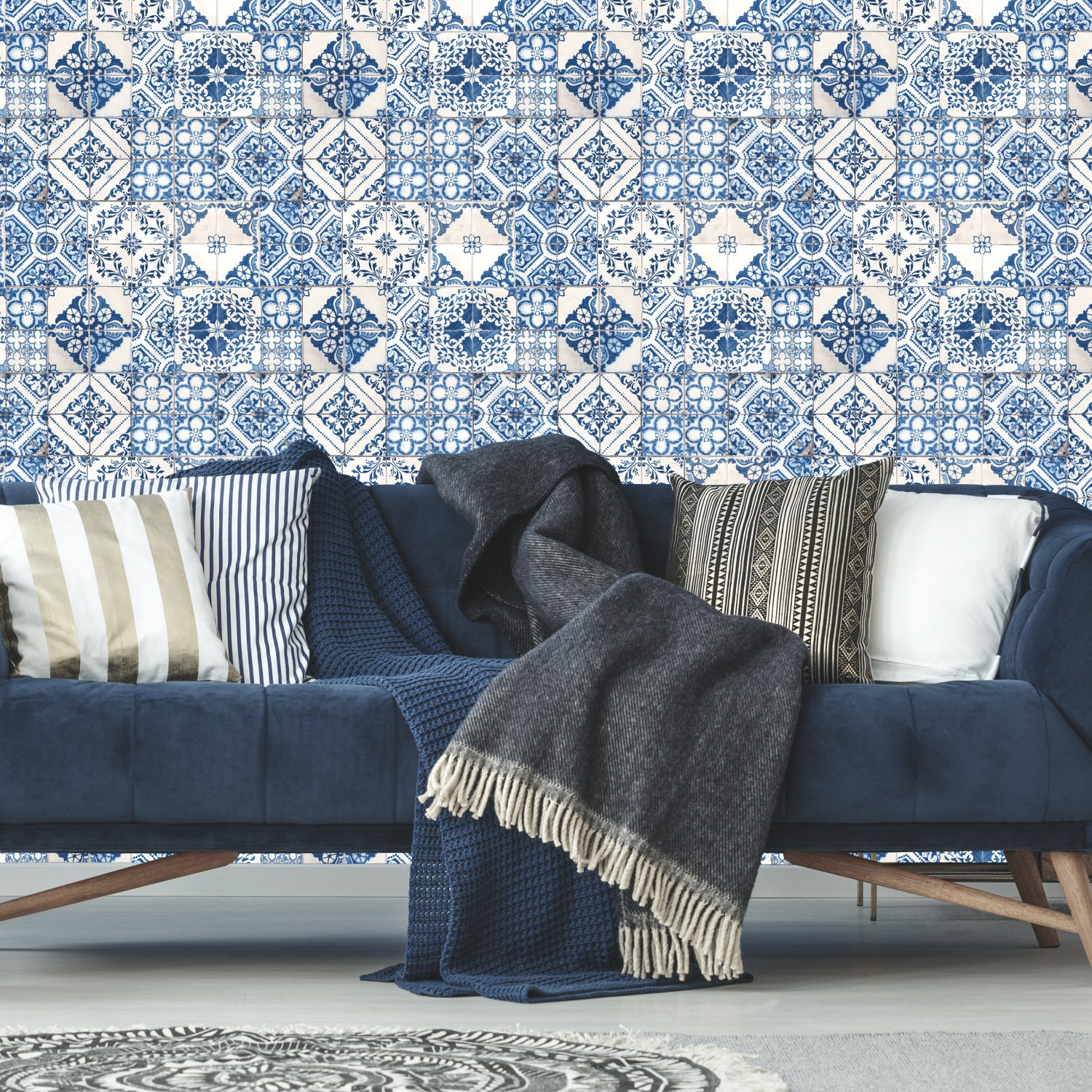 Mediterranean Tile Peel and Stick Wallpaper in a room setting