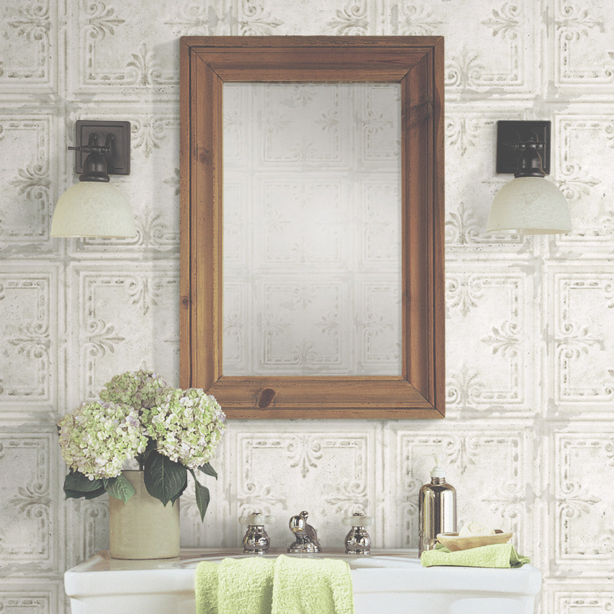 Tin Tile Peel and Stick Wallpaper in a room setting