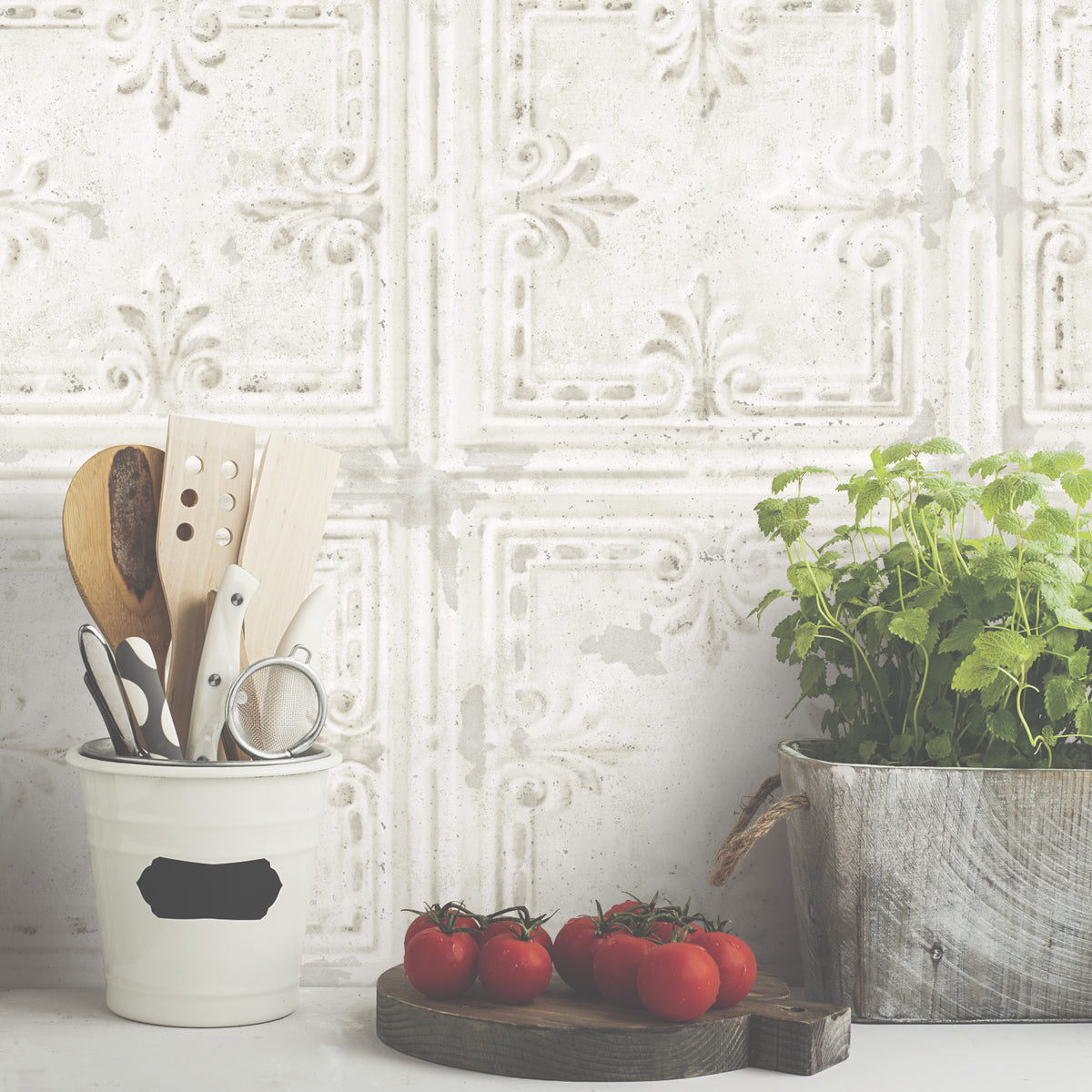 Tin Tile Peel and Stick Wallpaper in a room setting