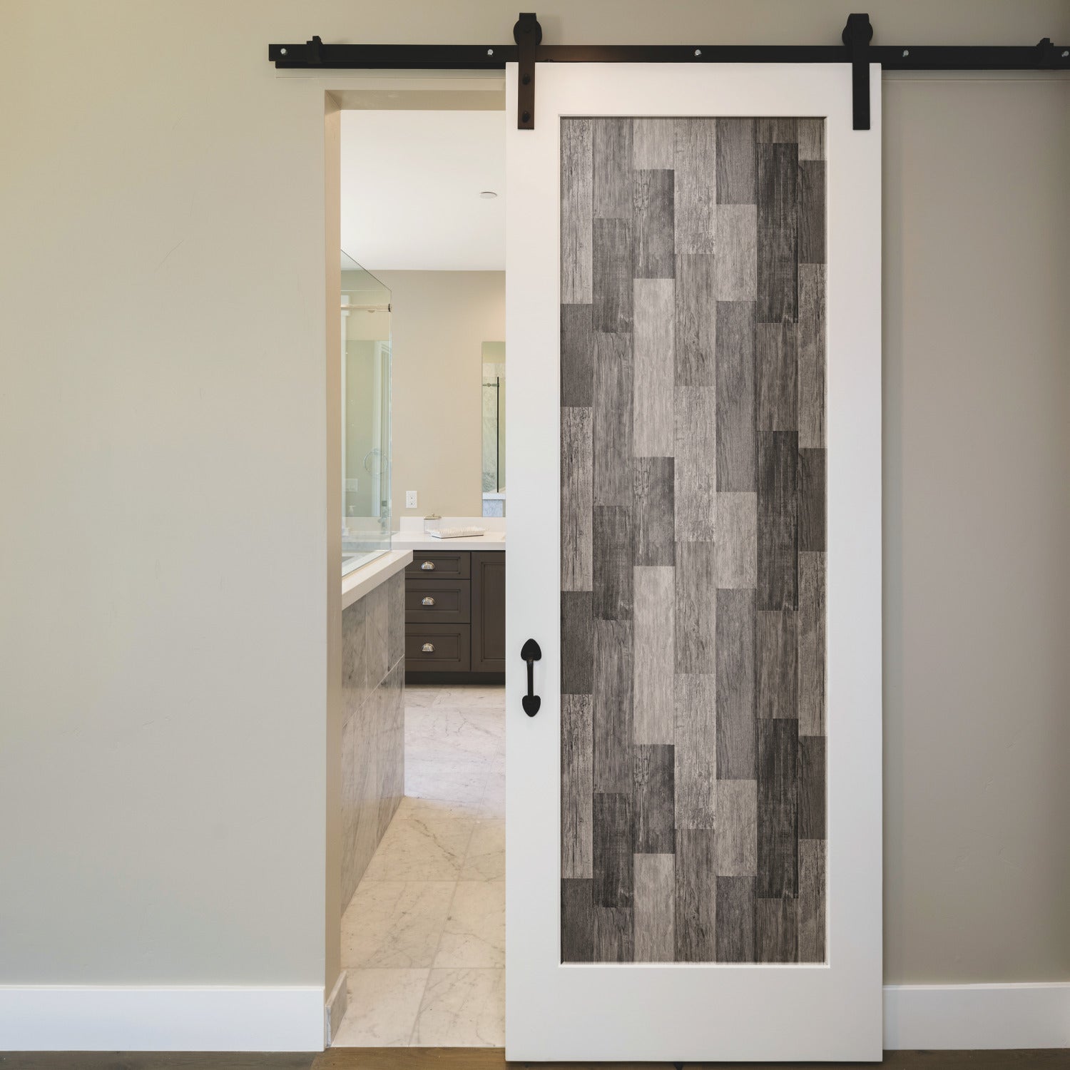 Weathered Wood Plank Black P&S Wallpaper in a room setting