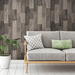Weathered Wood Plank Black P&S Wallpaper in a room setting