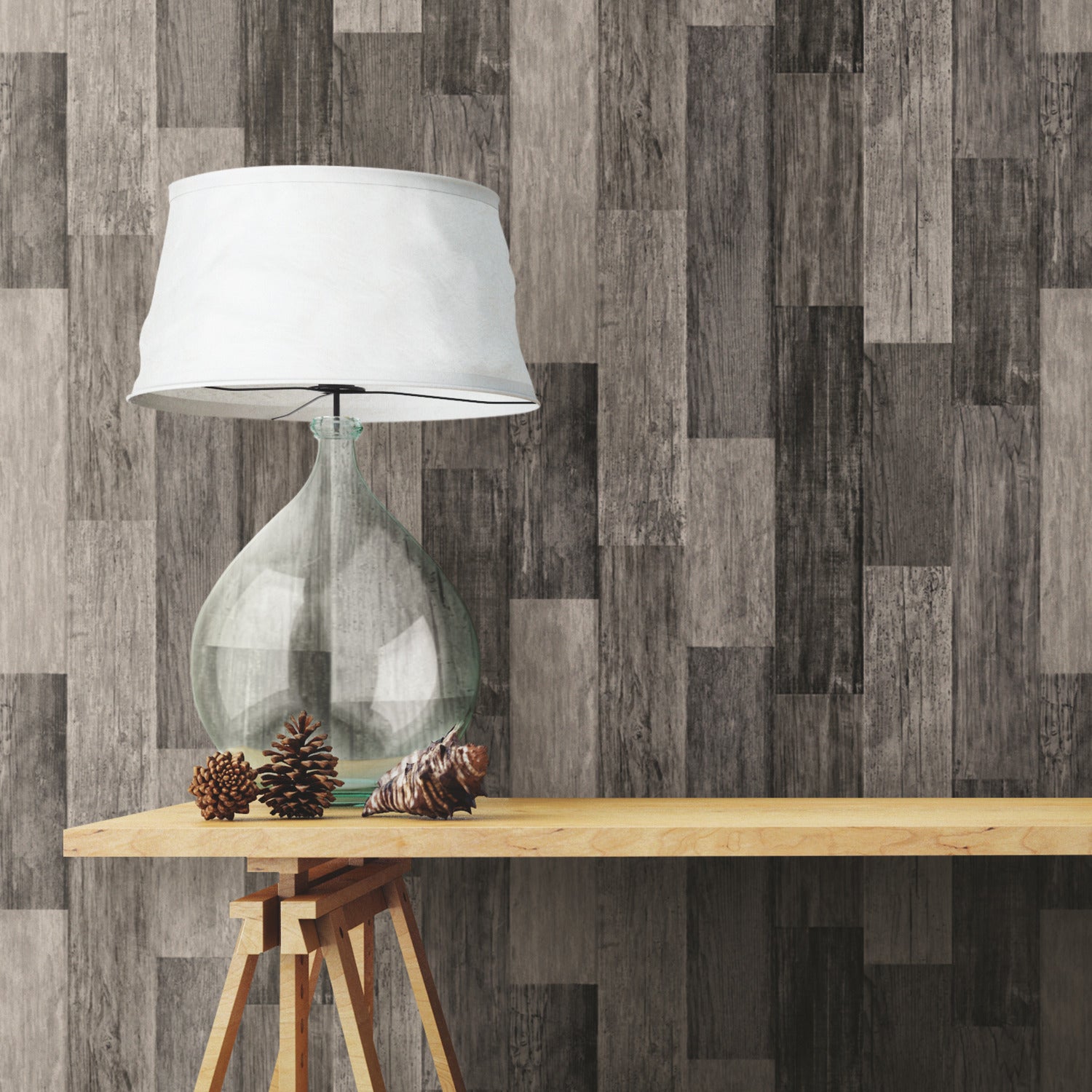 Weathered Wood Plank Black P&S Wallpaper in a room setting