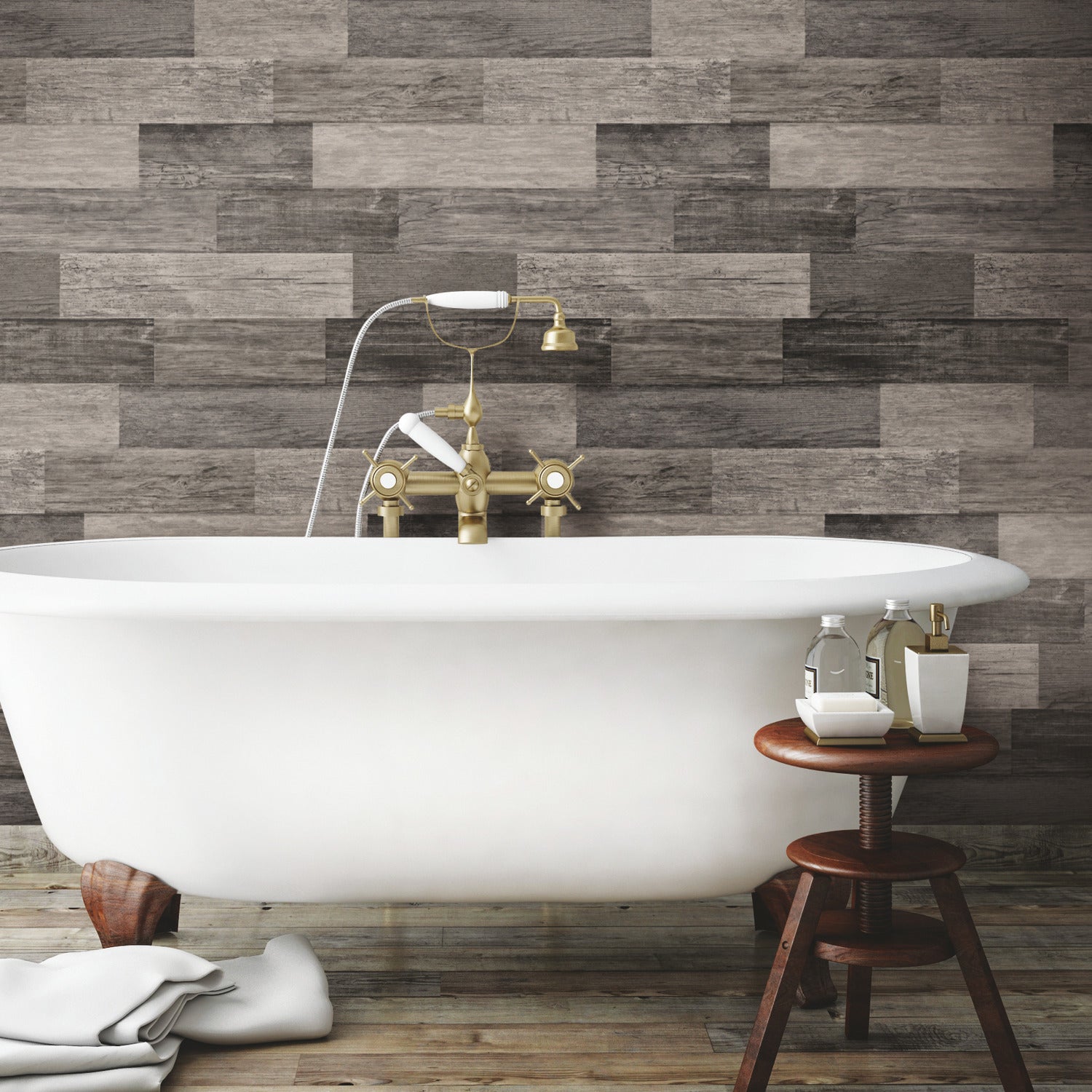 Weathered Wood Plank Black P&S Wallpaper in a room setting