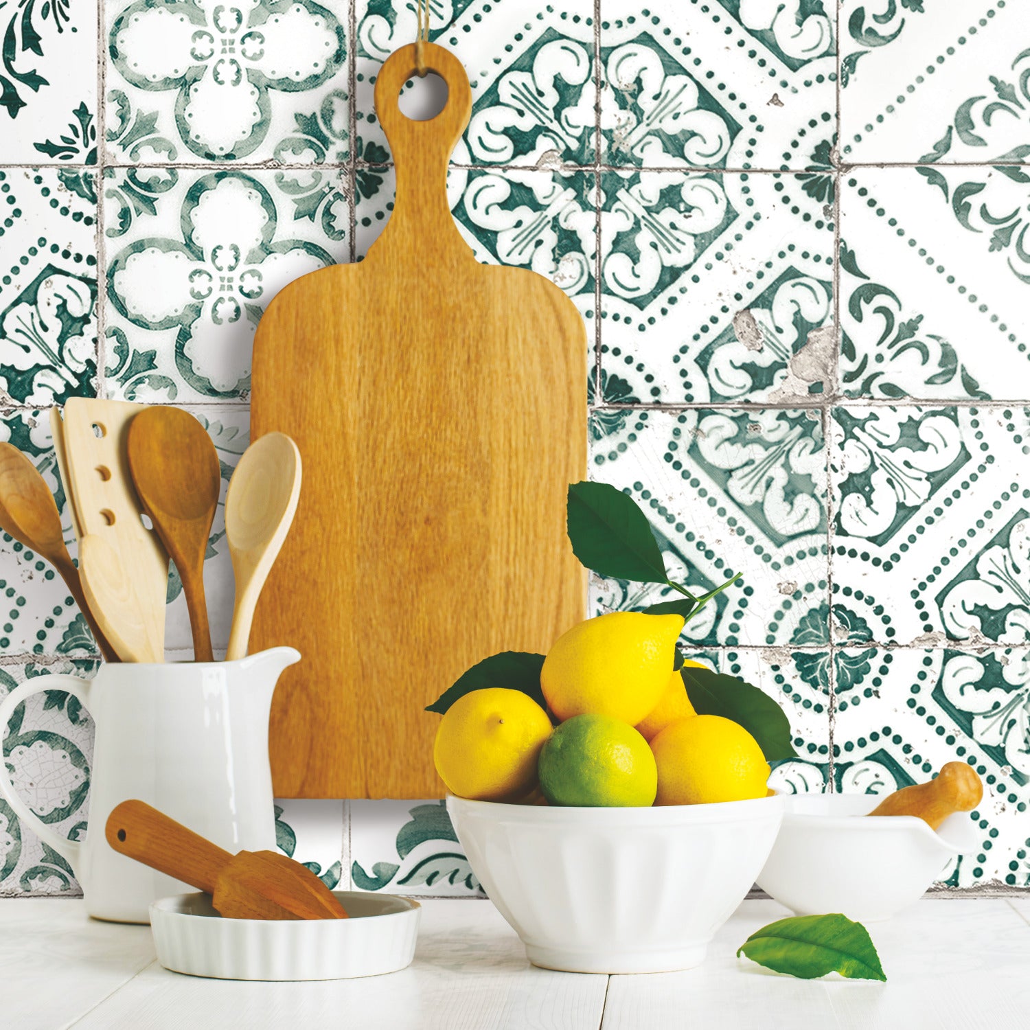 Mediterranean Tile Peel and Stick Wallpaper in a room setting
