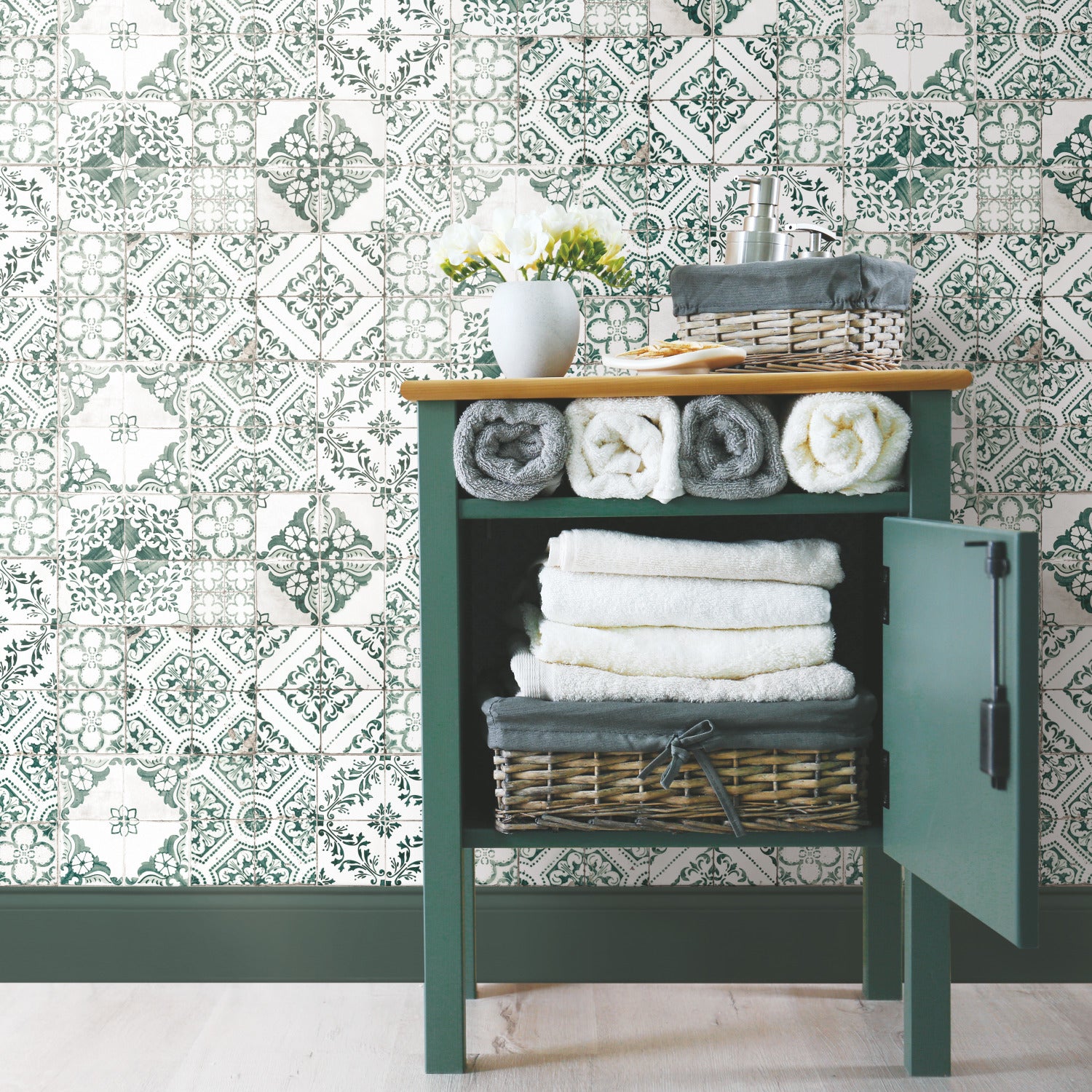 Mediterranean Tile Peel and Stick Wallpaper in a room setting