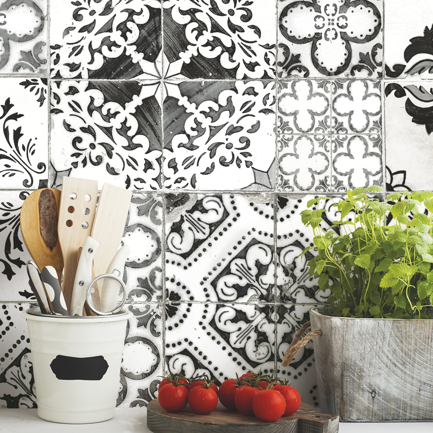 Mediterranean Tile Peel and Stick Wallpaper in a room setting