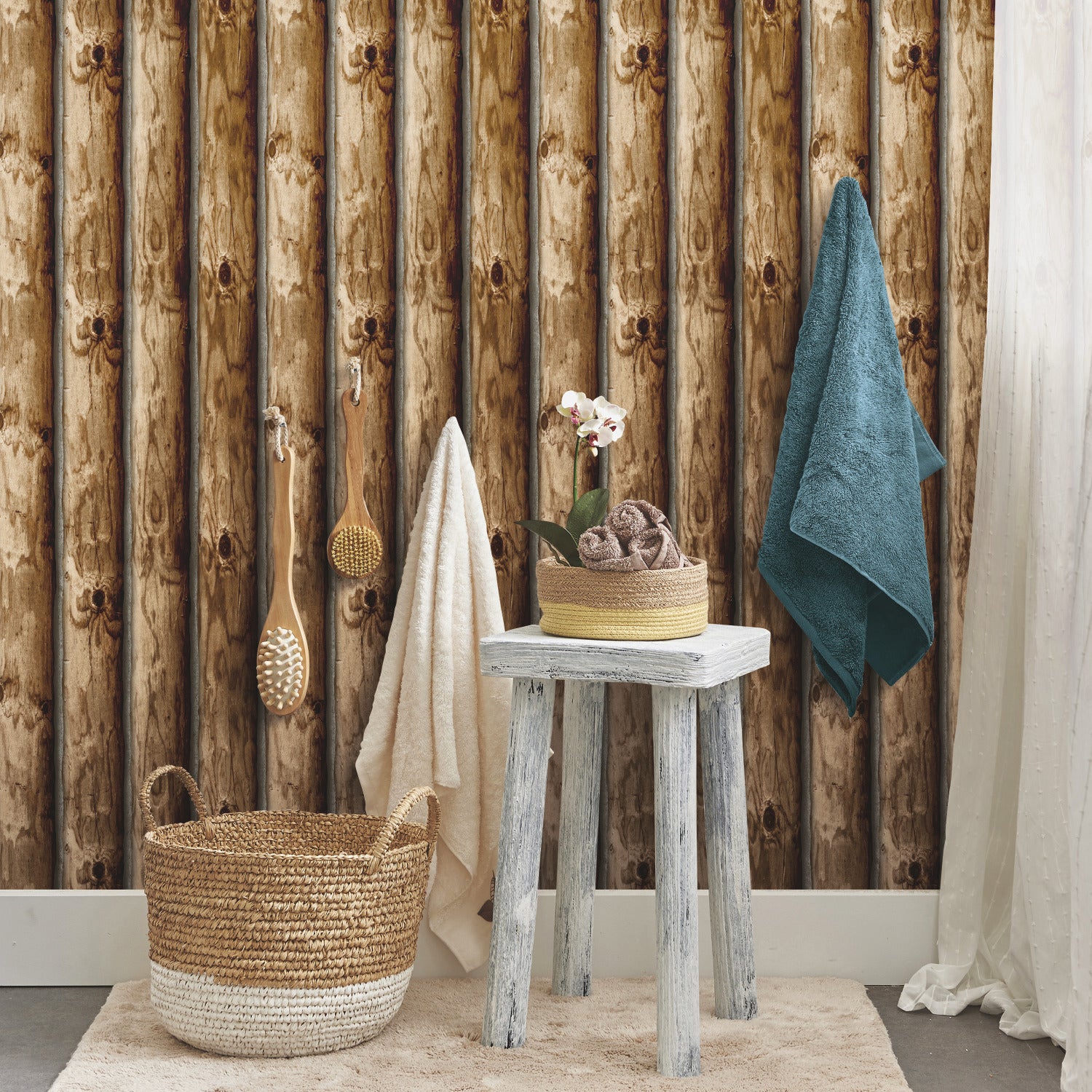 Cabin Logs Peel and Stick Wallpaper in a room setting