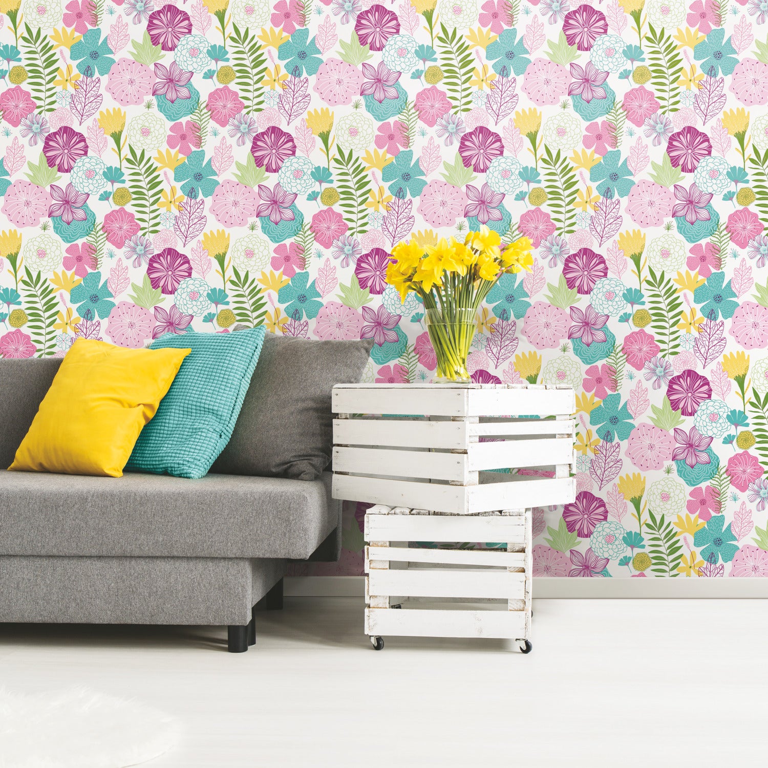 Perennial Blooms Peel and Stick Wallpaper in a room setting
