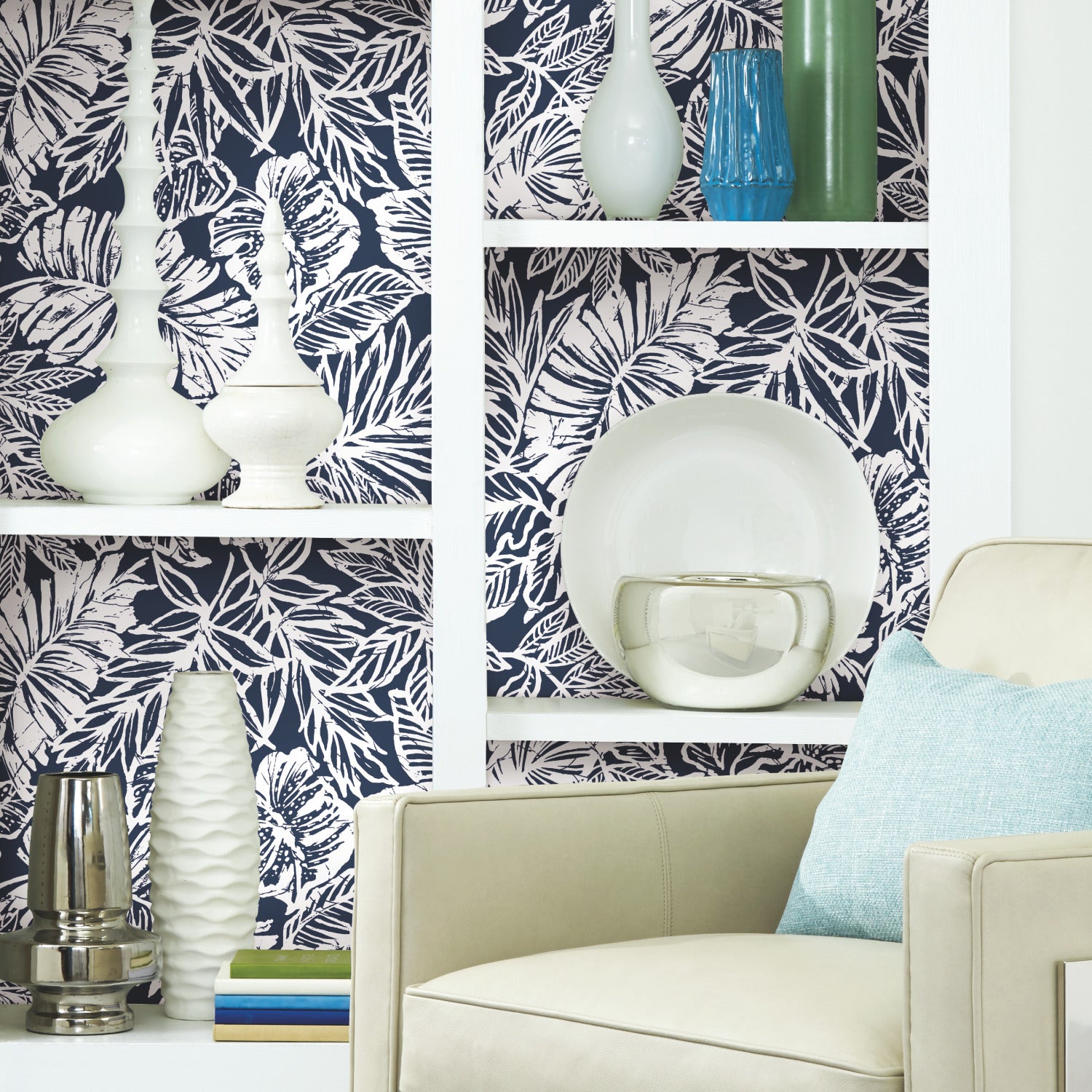 Batik Tropical Leaf Peel and Stick Wallpaper in a room setting