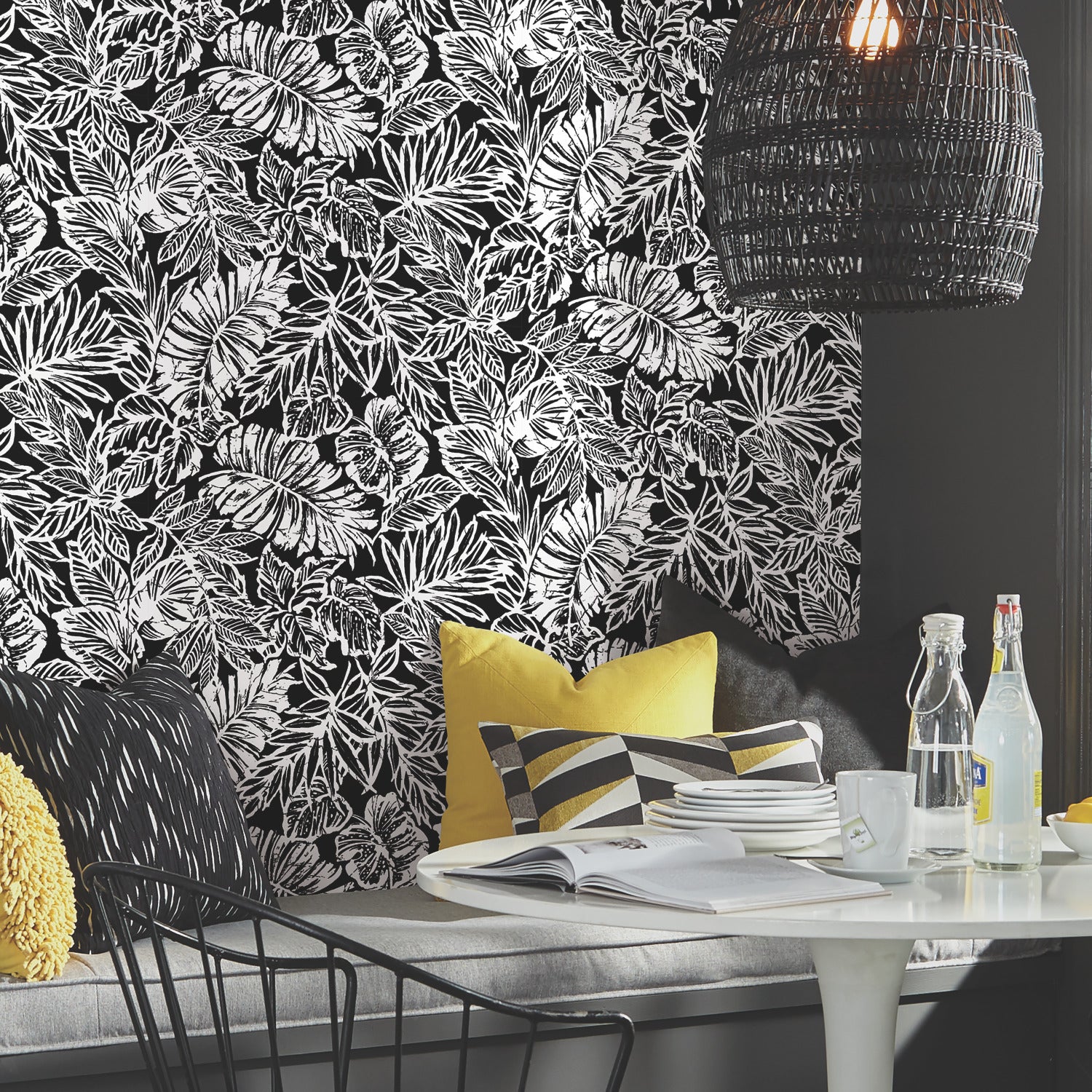 Batik Tropical Leaf Peel and Stick Wallpaper in a room setting