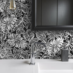 Batik Tropical Leaf Peel and Stick Wallpaper in a room setting