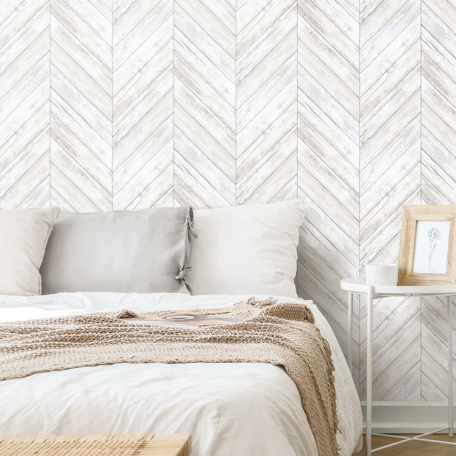 Herringbone Wood Boards Peel and Stick Wallpaper in a room setting