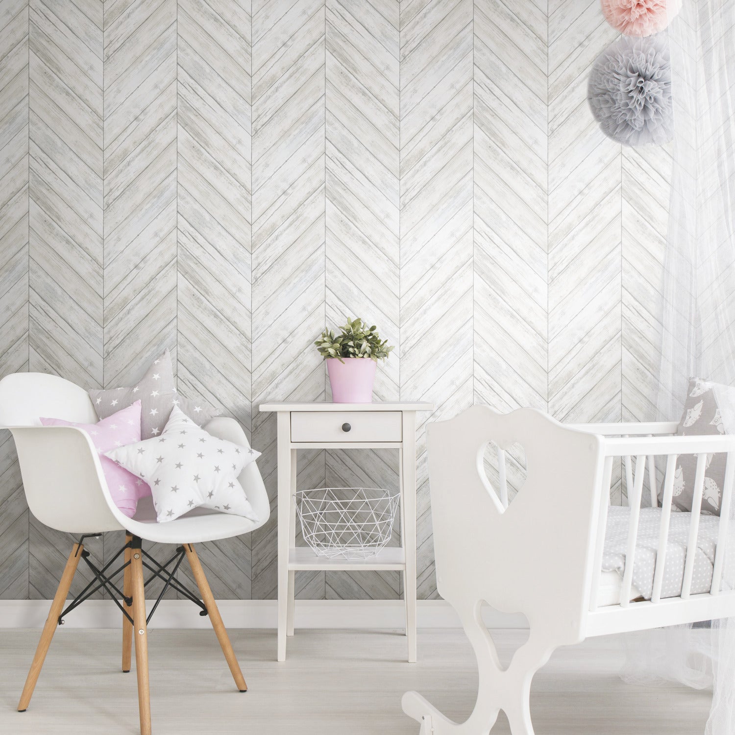 Herringbone Wood Boards Peel and Stick Wallpaper in a room setting