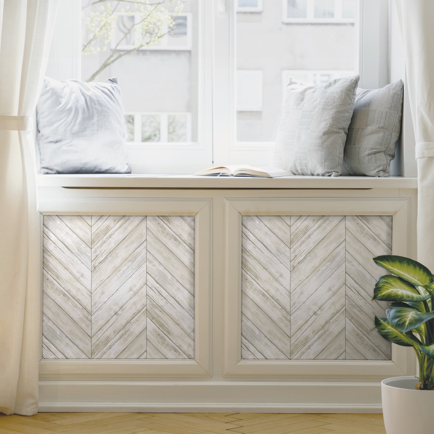 Herringbone Wood Boards Peel and Stick Wallpaper in a room setting