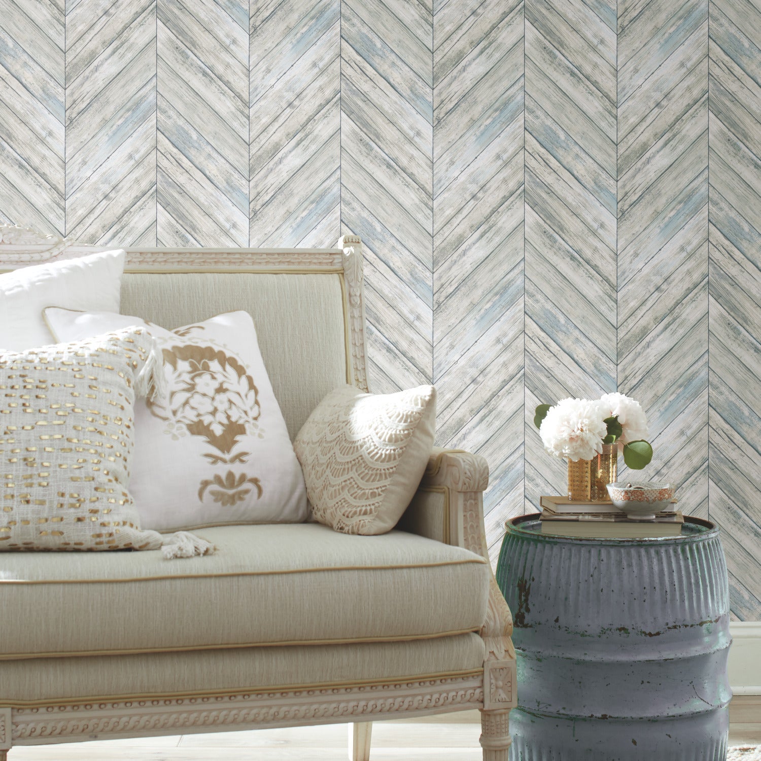 Herringbone Wood Boards Peel and Stick Wallpaper in a room setting