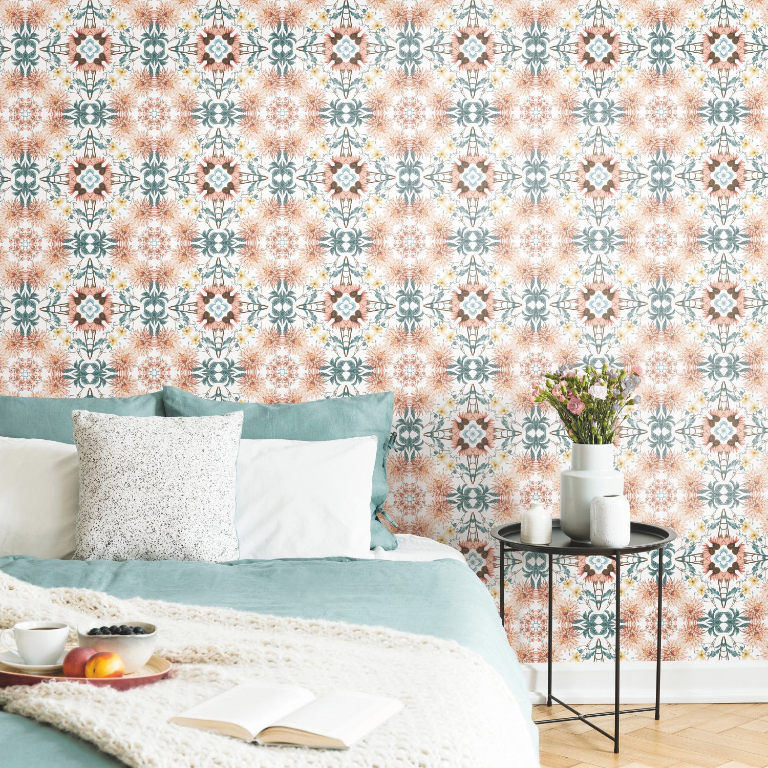 Cottage Garden Kaleidoscope Peel and Stick Wallpaper in a room setting