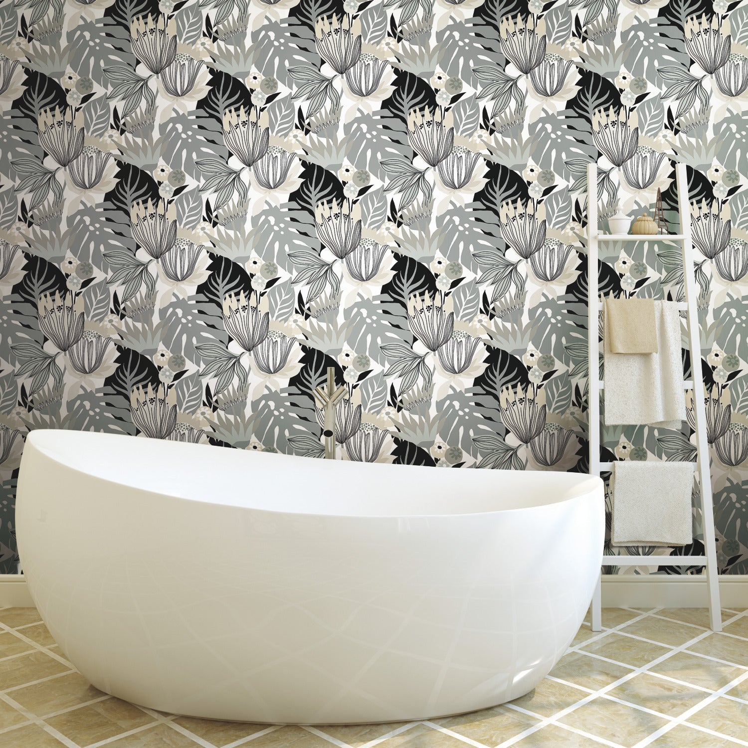 Retro Tropical Leaves Peel and Stick Wallpaper in a room setting
