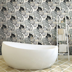Retro Tropical Leaves Peel and Stick Wallpaper in a room setting