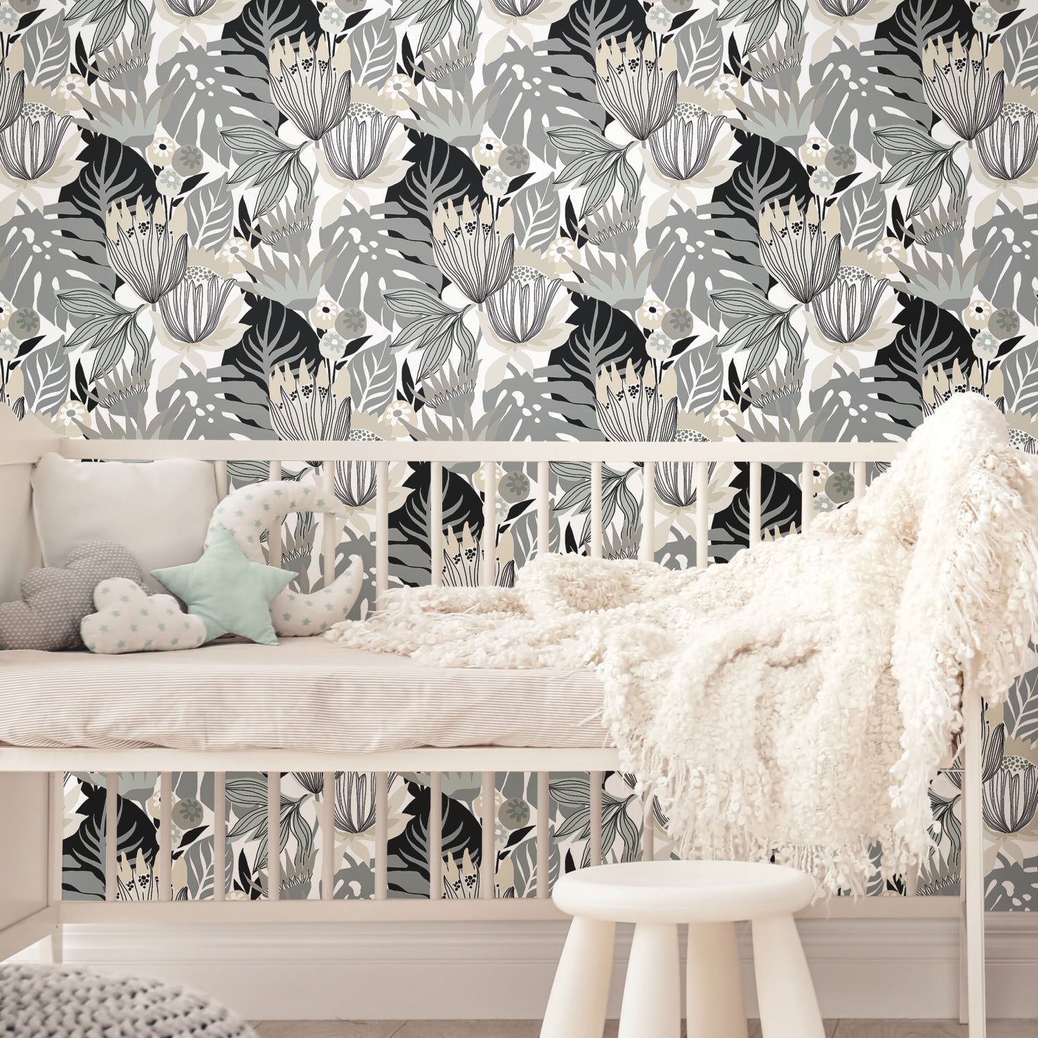 Retro Tropical Leaves Peel and Stick Wallpaper in a room setting